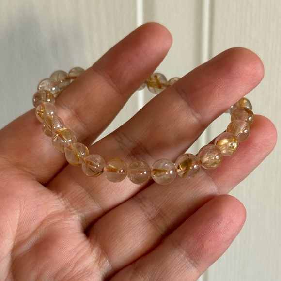 Natural Golden Rutilated Quartz Crystal Round Beaded Bracelet - Picture 2 of 2